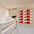 SPA Sauna Lobby Interior With Marble Reception Desk Red Beige Shelves And Green Plant