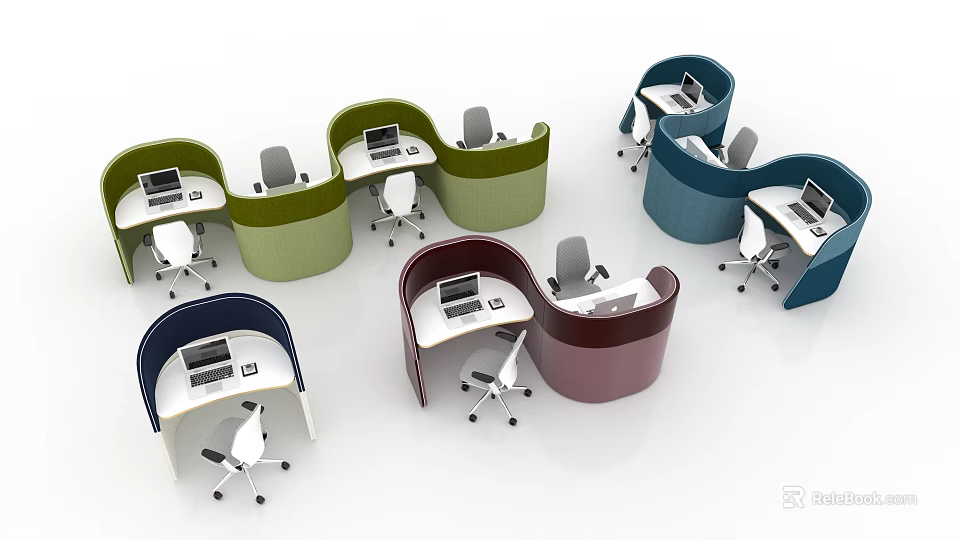 Colorful Curved Office Desks With Computers And Chairs In Modern Workspace 3d model 