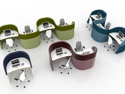 Colorful Curved Office Desks With Computers And Chairs In Modern Workspace 3d model
