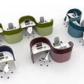 Colorful Curved Office Desks With Computers And Chairs In Modern Workspace