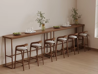 Warm Interior Featuring Long Wooden Bar Counter Green Plants Glassware And Bar Stools 3d model