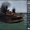 Military Hovercraft With Large Rotating Fans Radar System And Cannons On Water