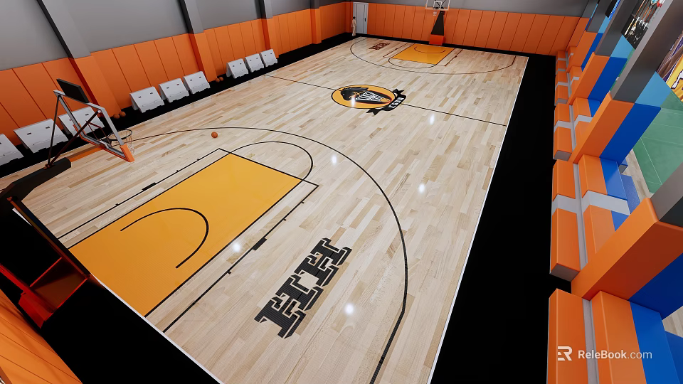 Indoor Basketball Court Interior With Wooden Floor Orange Seats Hoop And Center Logo 3d model 