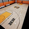 Indoor Basketball Court Interior With Wooden Floor Orange Seats Hoop And Center Logo
