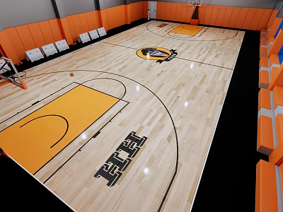 Indoor Basketball Court Interior With Wooden Floor Orange Seats Hoop And Center Logo 3d model