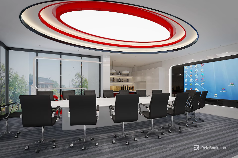 Contemporary Conference Room With Long Table Black Chairs Circular Red White Ceiling Light And Windows 3d model 