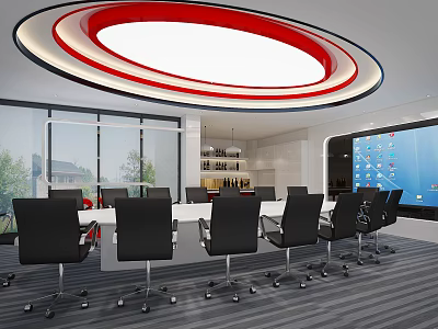 Contemporary Conference Room With Long Table Black Chairs Circular Red White Ceiling Light And Windows 3d model