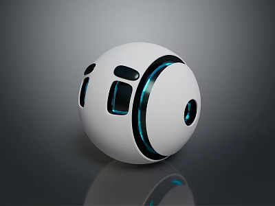 White Sphere Robot Character With Black Blue Details And Rectangular Circular Openings On Shiny Surface 3d model