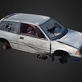 Abandoned Gray Hatchback Car With Rusty Body And Missing Wheels 3d model