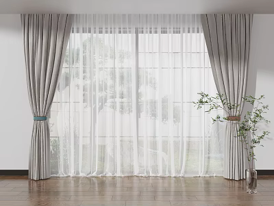 Gray Thick Curtains With White Sheer Panels For Window With Trees Outside And Wooden Floor 3d model