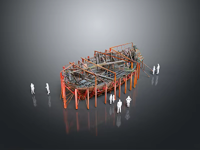 Large Industrial Structure Design Model With Orange Supports Gray Framework And Human Figures 3d model
