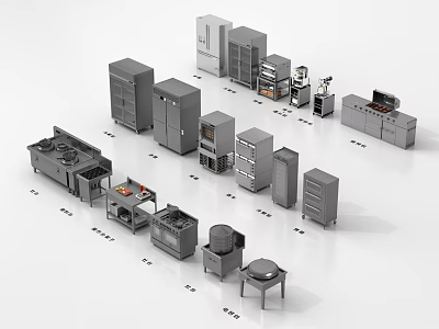 Commercial Kitchen Essential Equipment With Stoves Refrigerators Storage Cabinets And Tools 3d model