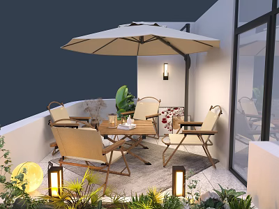 Cozy Balcony Garden Decor With Beige Umbrella Wooden Table Chairs Green Plants And Decorative Lanterns 3d model