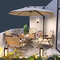 Cozy Balcony Garden Decor With Beige Umbrella Wooden Table Chairs Green Plants And Decorative Lanterns