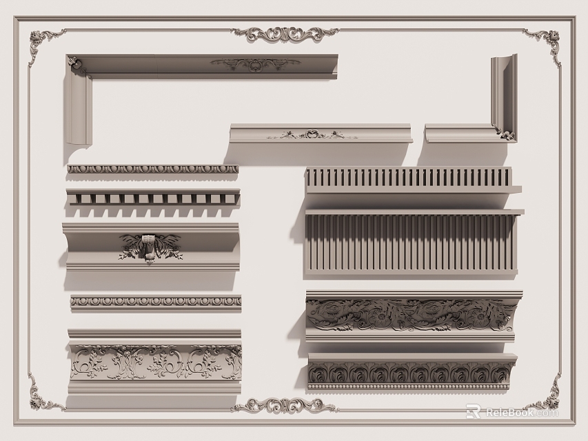 Various Decorative Gypsum Molding Styles With Ornate Patterns And Intricate Details 3d model 
