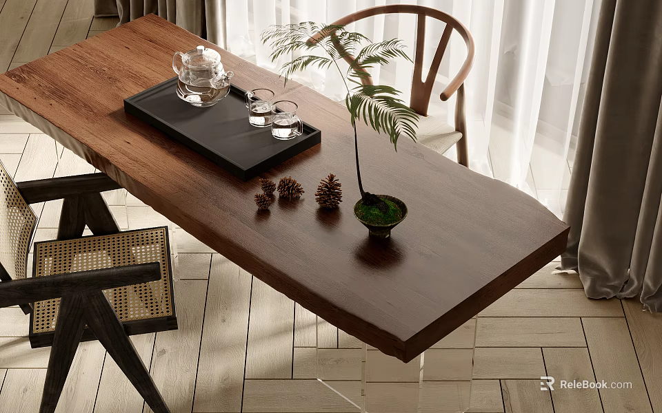 Wooden Tea Table and Chairs with Tea Set Tray Pine Cone Decorations Small Potted Plant 3d model 