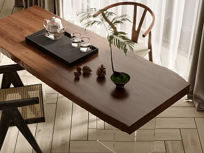 Wooden Tea Table and Chairs with Tea Set Tray Pine Cone Decorations Small Potted Plant 3d model