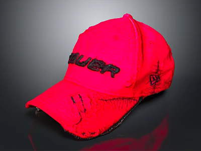 Vibrant Red Distressed Baseball Cap With GILLER Logo And Worn Details 3d model