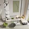 Modern Duplex Living Room Interior Design With Marble Wall Green Artwork And Large Windows