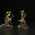 Two Vine Decorative Sculptures With Brown Trunk like Structures And Green Twisting Vines