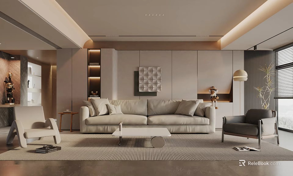 Elegant Modern Living Room Interior With Beige Sofa Coffee Table Rug Pillows And Wall Decor 3d model 