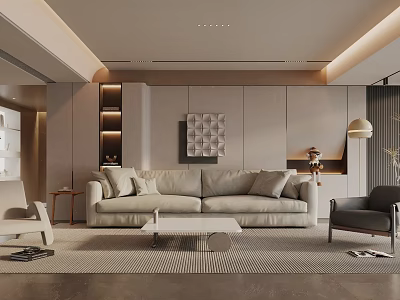 Elegant Modern Living Room Interior With Beige Sofa Coffee Table Rug Pillows And Wall Decor 3d model