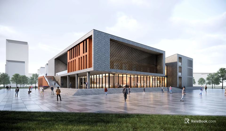 Modern Library Building Exterior Design With Glass Facade And People Walking On Plaza 3d model 