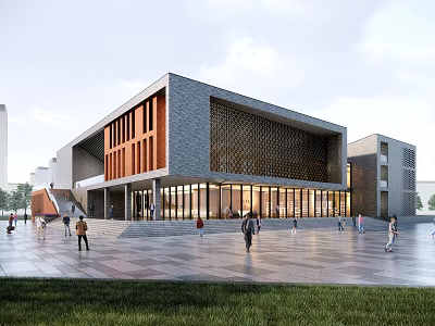 Modern Library Building Exterior Design With Glass Facade And People Walking On Plaza 3d model