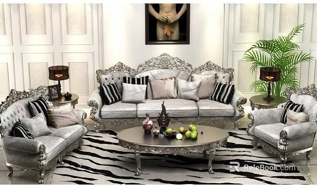 Silver Gray Carved Sofa and Coffee Table Set with Pillows Fruit Decor and Green Plant 3d model 