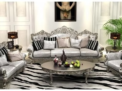 Silver Gray Carved Sofa and Coffee Table Set with Pillows Fruit Decor and Green Plant 3d model