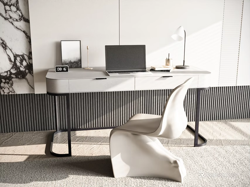 Minimalist Modern Desk With Laptop Table Lamp White Chair And Marble Wall 3d model 