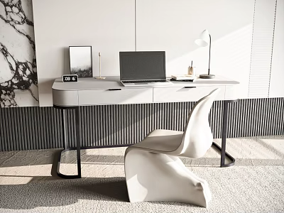 Minimalist Modern Desk With Laptop Table Lamp White Chair And Marble Wall 3d model