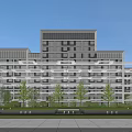 Modern Residential Building Exterior With Glass Curtain Walls Landscaped Trees And Open Plaza