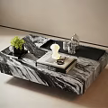 Modern Marble Coffee Table Featuring Green Plant White Candle Magazine Glass Container And Black Tray