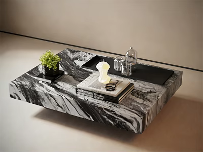 Modern Marble Coffee Table Featuring Green Plant White Candle Magazine Glass Container And Black Tray 3d model