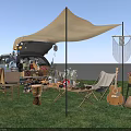 Outdoor Table Setup For Camping With Canopy Car Chairs And Decorative Items On Grass