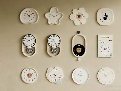 Unique Decorative Clocks With Various Shapes And Designs Hanging On Wall 3d model