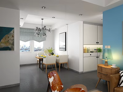 Modern Open Concept Dining Living Room Interior With Chandelier Dining Table And Sofa 3d model