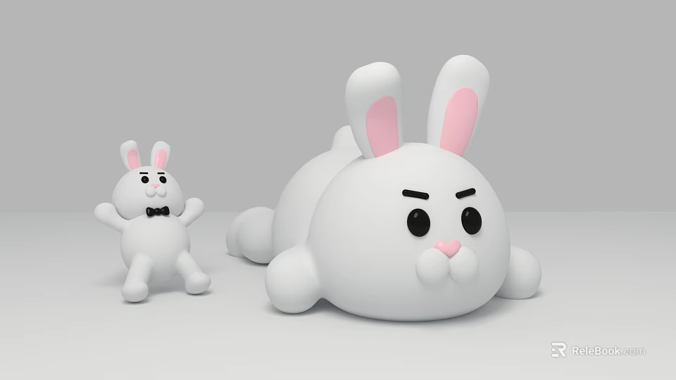 Two Sizes White Rabbit Plush Dolls With Pink Ears Standing And Lying Positions 3d model 