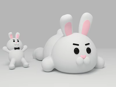 Two Sizes White Rabbit Plush Dolls With Pink Ears Standing And Lying Positions 3d model