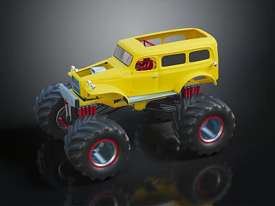 Yellow Monster Truck Toy Model With Large Red Trimmed Tires And Open Roof 3d model