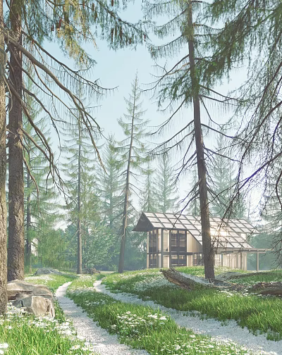 Serene Detached Villa Nestled In Pine Forest With Wooden Exterior And Sloped Roof 3d model