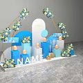 Elegant Event Display Setup With Arched Blue White Flowers Logo Name And Geometric Decor