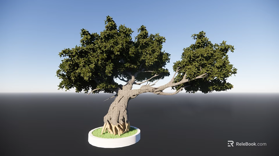 Lush Evergreen Arbor With Thick Trunk White Circular Base Green Grass And Blue Sky 3d model 