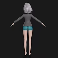 Woman with silver hair in gray jacket white top blue shorts barefoot on black background