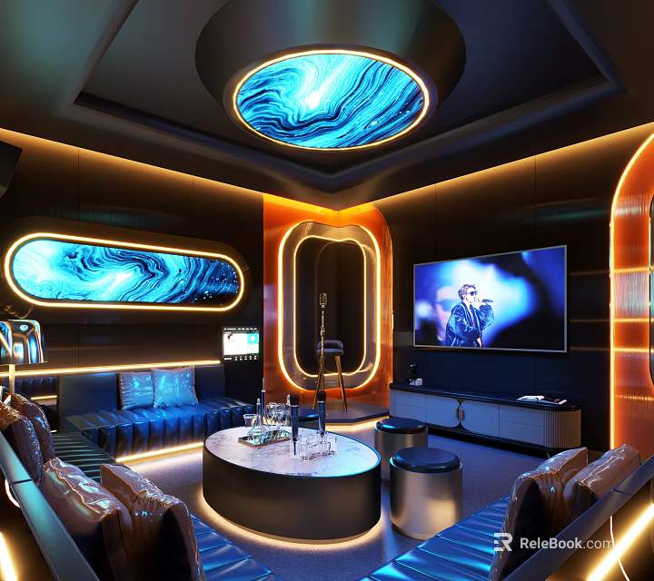 Elegant Modern KTV Interior Design With Luxury Sofa Large TV Screen And Colorful Lighting 3d model 