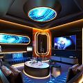 Elegant Modern KTV Interior Design With Luxury Sofa Large TV Screen And Colorful Lighting