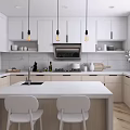 Modern Kitchen Interior With White Cabinets Black Appliances Island Counter And Pendant Lights
