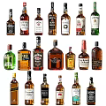 Various Liquor Bottles and Wine Glasses Collection in Organized Display Arrangement