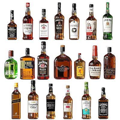 Various Liquor Bottles and Wine Glasses Collection in Organized Display Arrangement 3d model